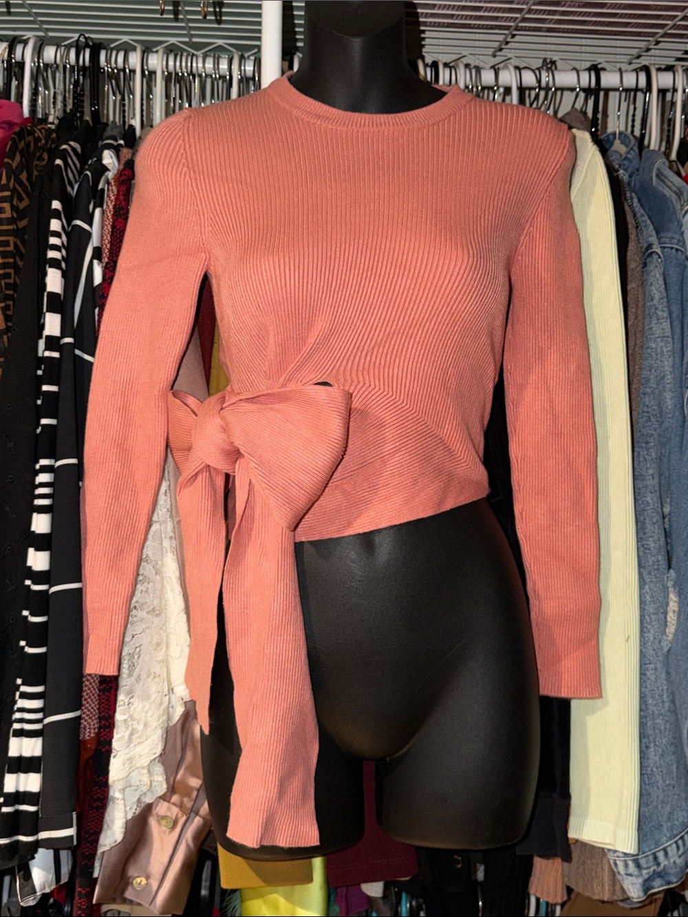Zara Coral Tie-Waist Ribbed Long-Sleeve Sweater